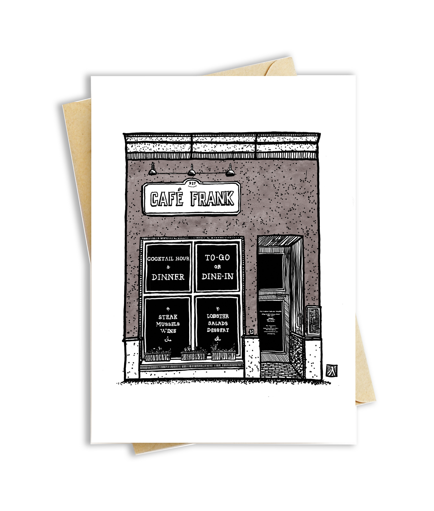 BellavanceInk: Greeting Card With A Pen & Ink Drawing Of Cafe Frank On The Charlottesville Downtown Mall 5 x 7 Inches