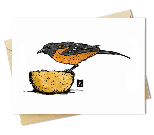 BellavanceInk: Greeting Card With Baltimore Oriole Bird On An Orange Half Pen & Ink Watercolor Illustration 5 x 7 Inches