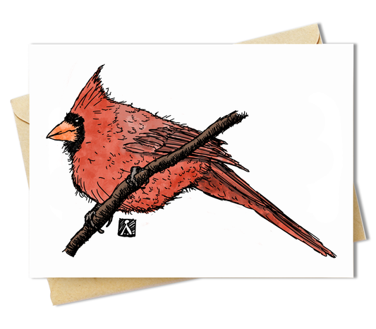 BellavanceInk: Greeting Card With Male Cardinal Backyard Bird On An Tree Branch Pen & Ink Watercolor Illustration 5 x 7 Inches