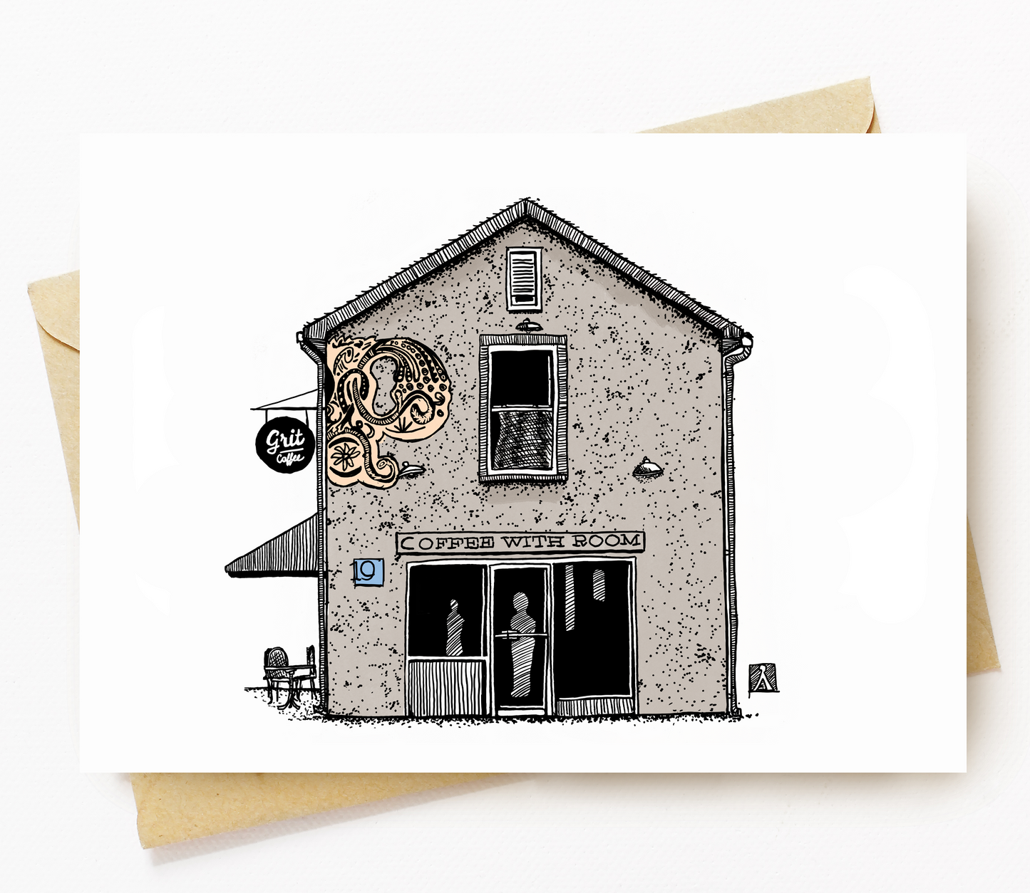 BellavanceInk: Greeting Card With A Pen & Ink Drawing Of Grit Coffee On Elliewood Ave in Charlottesville Virginia 5 x 7 Inches