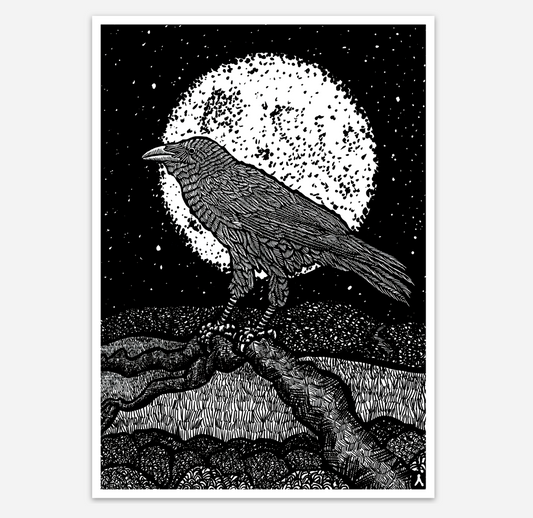 Raven On A Branch In The Midnight Moonlight Vinyl Sticker