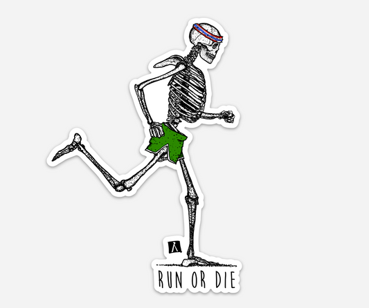 BellavanceInk: Skeleton Running Down The Road In Their 1970's Shorts And Headband Vinyl Sticker