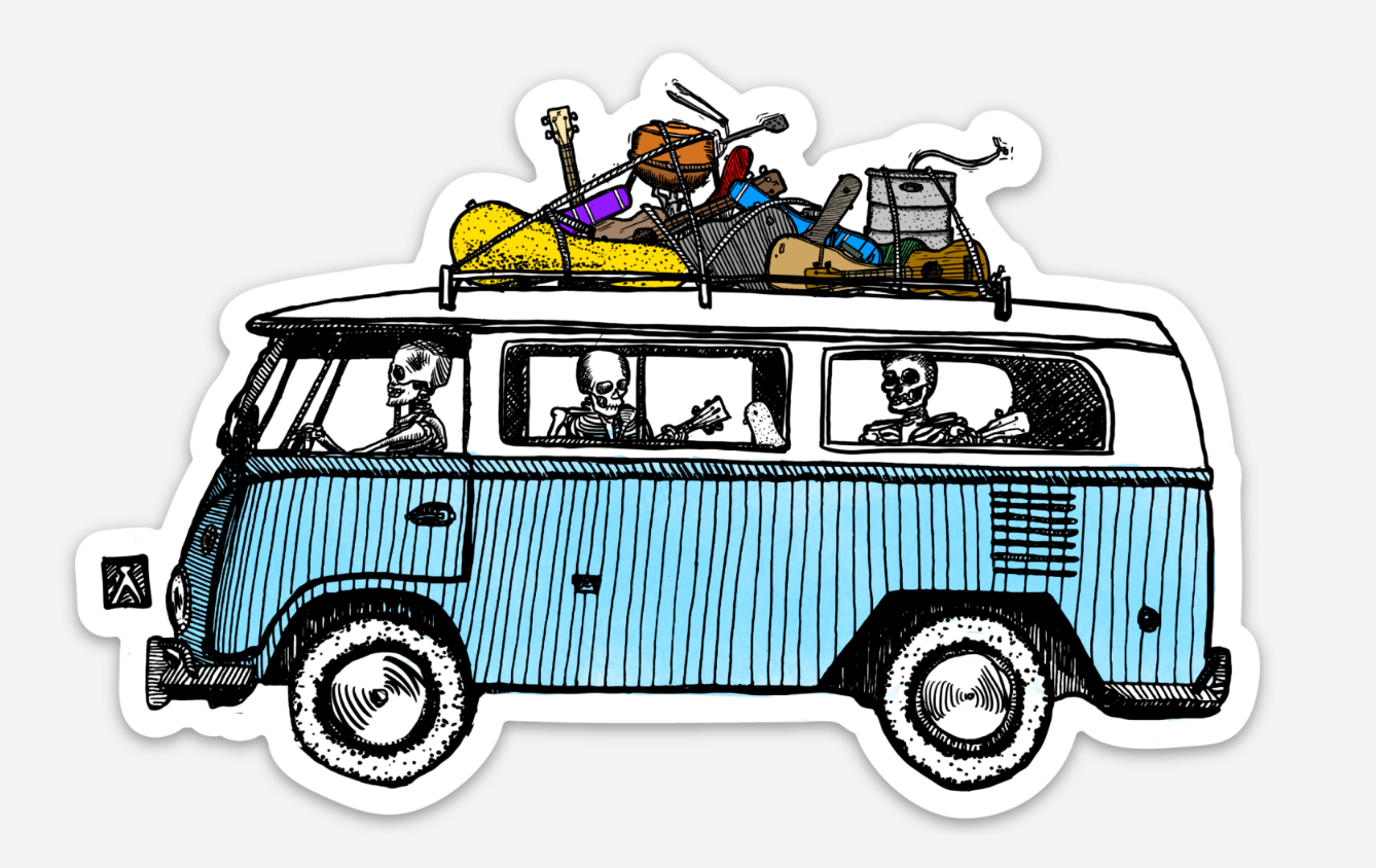 BellavanceInk: Pen And Ink Skeletons Driving In Their Bus Playing The Ukulele Hand Drawn Illustration Vinyl Sticker