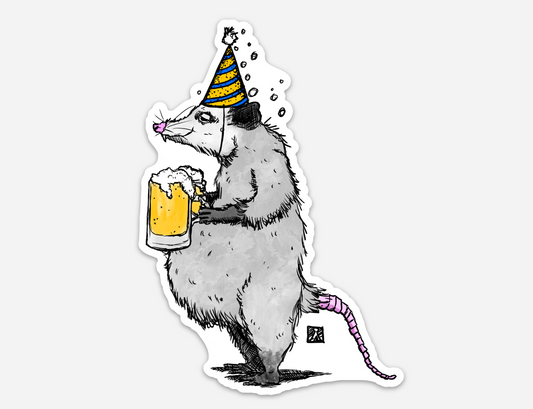 BellavanceInk: Drunk Opossum With Holding Two Mugs Of Beer Pen And Ink Illustration On A Vinyl Sticker