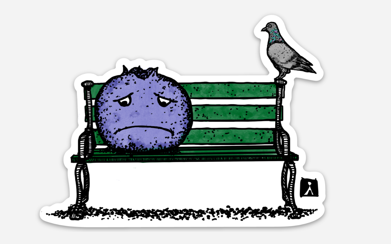 BellavanceInk: Sad Blueberry Sitting On A Park Bench WIth Pigeon Vinyl Sticker Pen & Ink Illustration