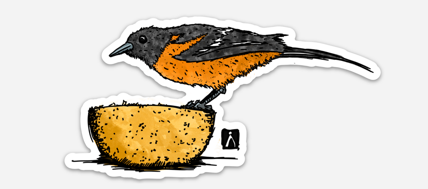 BellavanceInk: Baltimore Oriole On An Orange Half Vinyl Sticker Pen and Ink Illustration