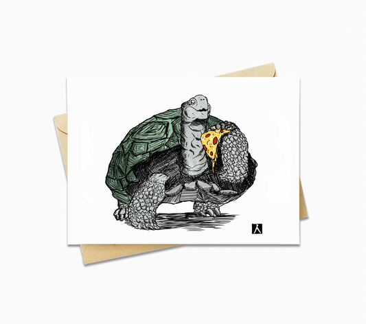 BellavanceInk: Hand Drawn Tortoise Eating A Pizza Pen & Ink Watercolor Illustration 5 x 7 Inches