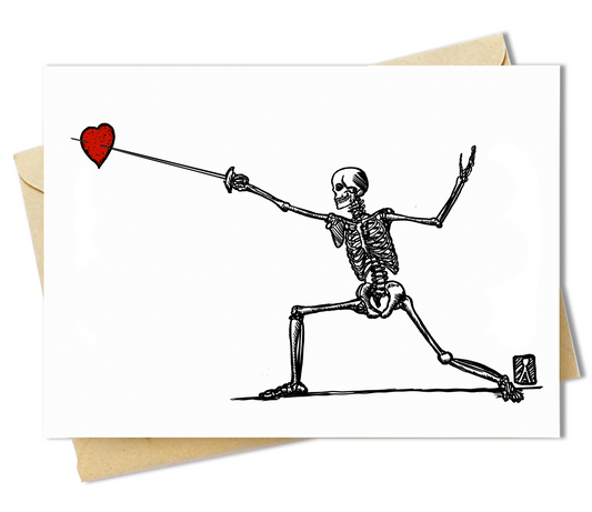 BellavanceInk: Valentines Day Card With Fencing Skeleton With A Pierced Heart Valentines Pen & Ink Illustration 5 x 7 Inches