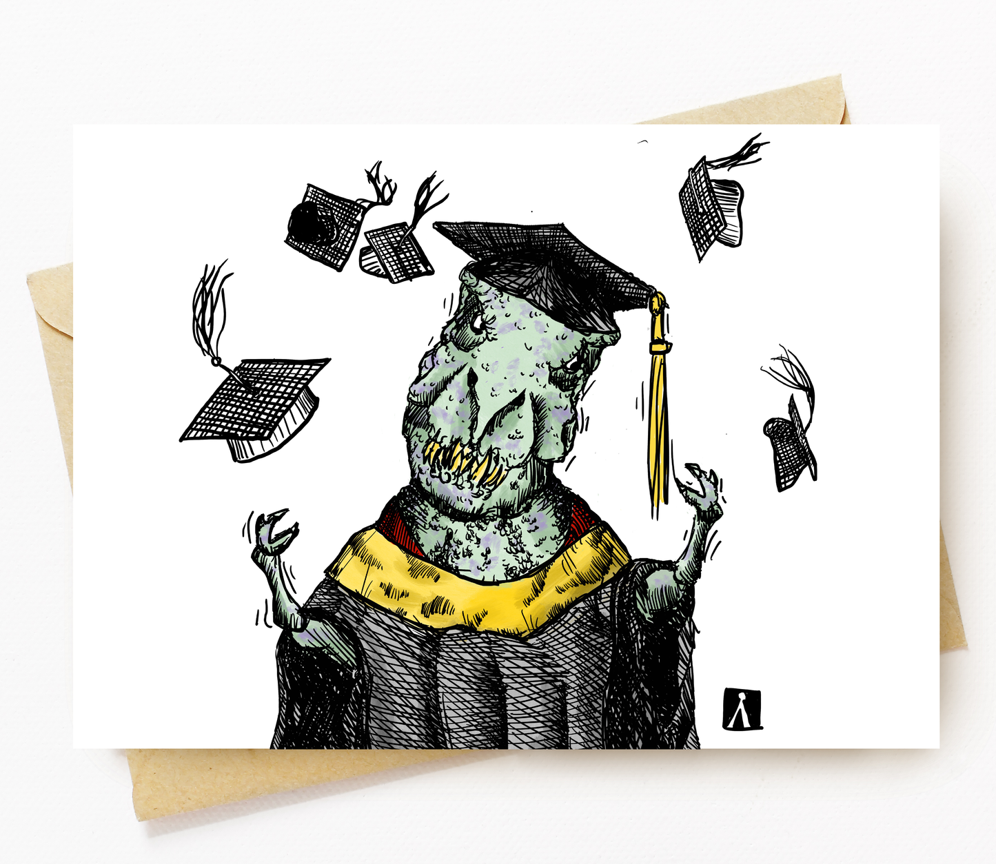 BellavanceInk: Graduation Greeting Card With Dinosaur T-Rex Trying To Reach Their Graduation Cap Pen & Ink Illustration 5 x 7 Inches