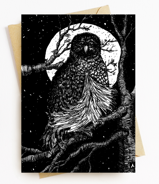 BellavanceInk: Greeting Card With An Owl Perched On A Branch In The Moonlight Pen And Ink Style Illustration 5 x 7 Inches