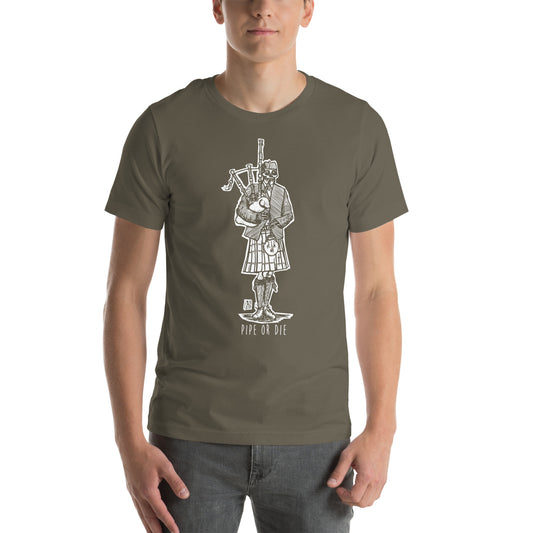 BellavanceInk: Pen And Ink Illustration Of Skeleton Highland Bagpipe Player Pipe Or Die On A Short Sleeve T-Shirt