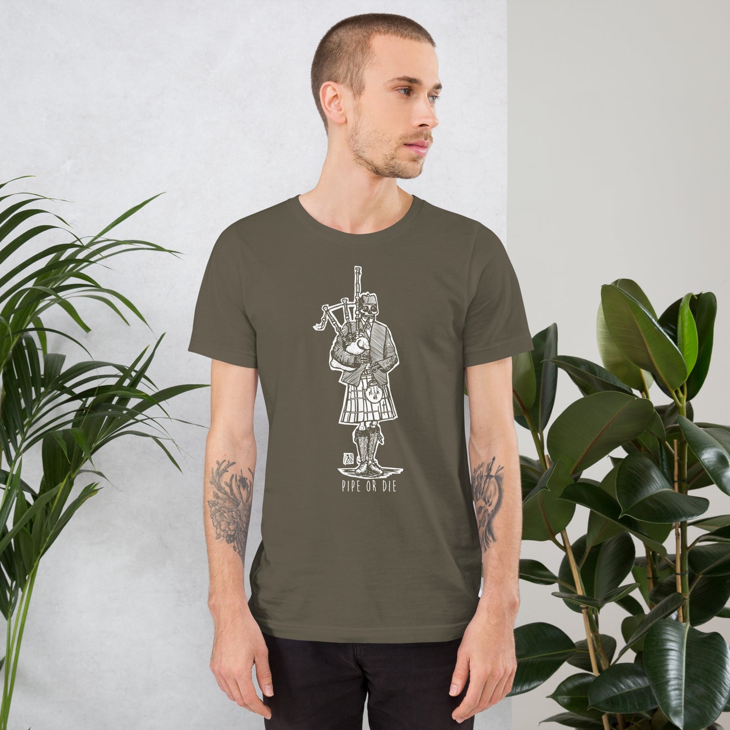 BellavanceInk: Pen And Ink Illustration Of Skeleton Highland Bagpipe Player Pipe Or Die On A Short Sleeve T-Shirt