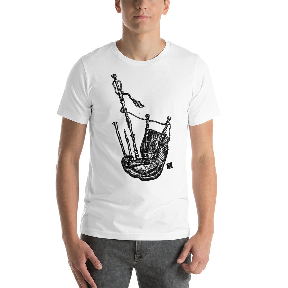 BellavanceInk: Pen And Ink Illustration Of Highland Bagpipes On A Short Sleeve T-Shirt