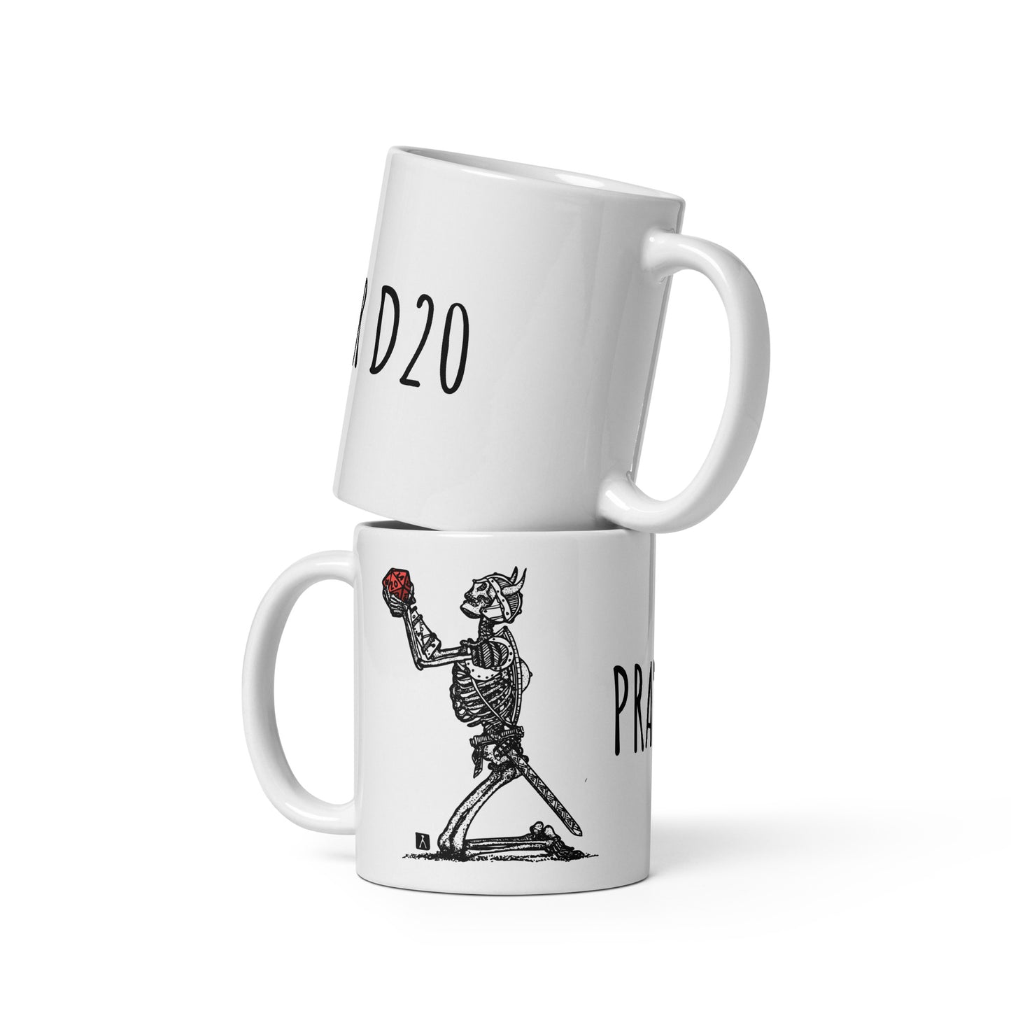 BellavanceInk: Coffee Mug With Pen & Ink Drawing Of A Skeleton Warrior Praying For A D20 Dice Roll