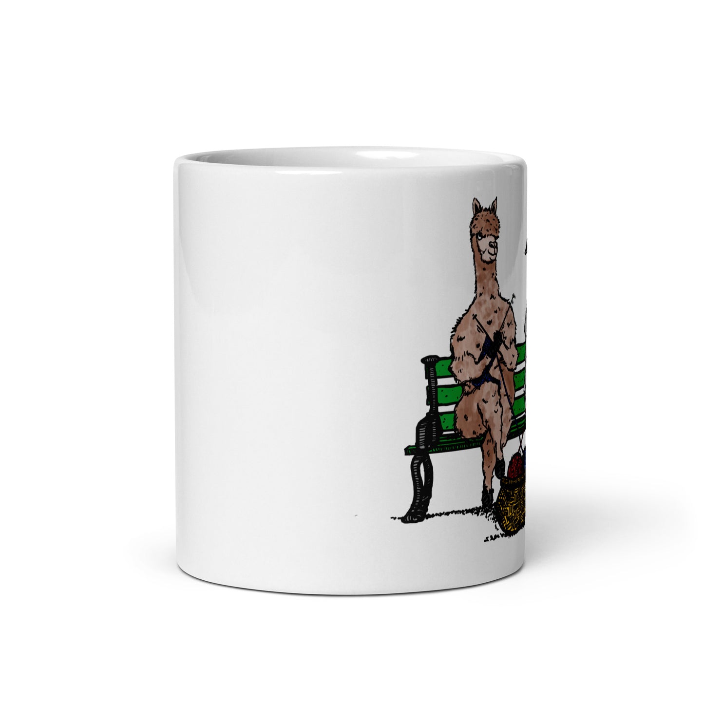 BellavanceInk: Coffee Mug With A Sheep And Alpaca Friends Knitting On A Park Bench