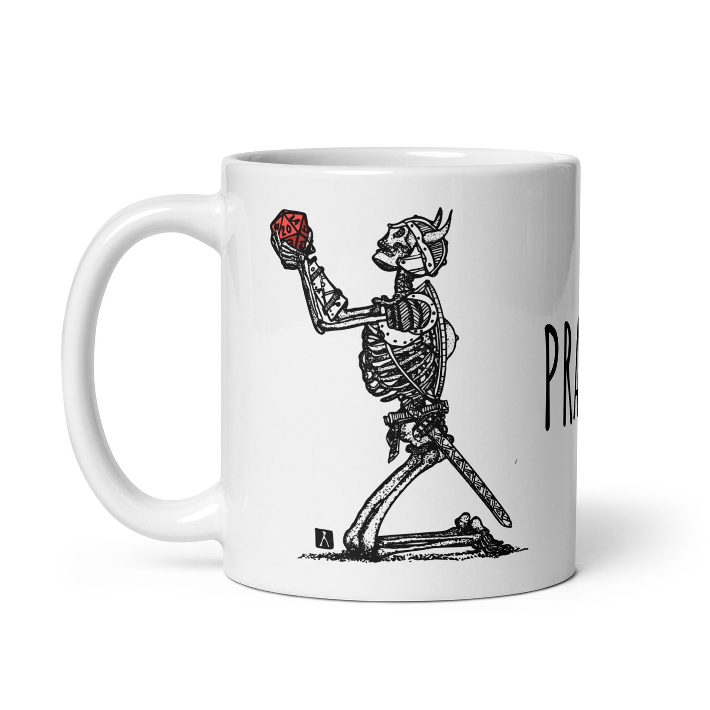 BellavanceInk: Coffee Mug With Pen & Ink Drawing Of A Skeleton Warrior Praying For A D20 Dice Roll
