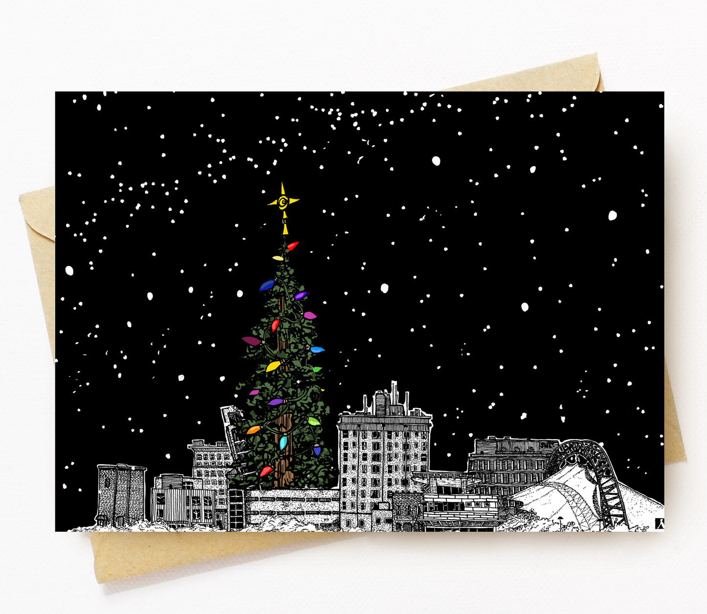 BellavanceInk: Pen & Ink Charlottesville City Skyline Christmas Card With Santa Clause And Reindeer 5 x 7 Inches