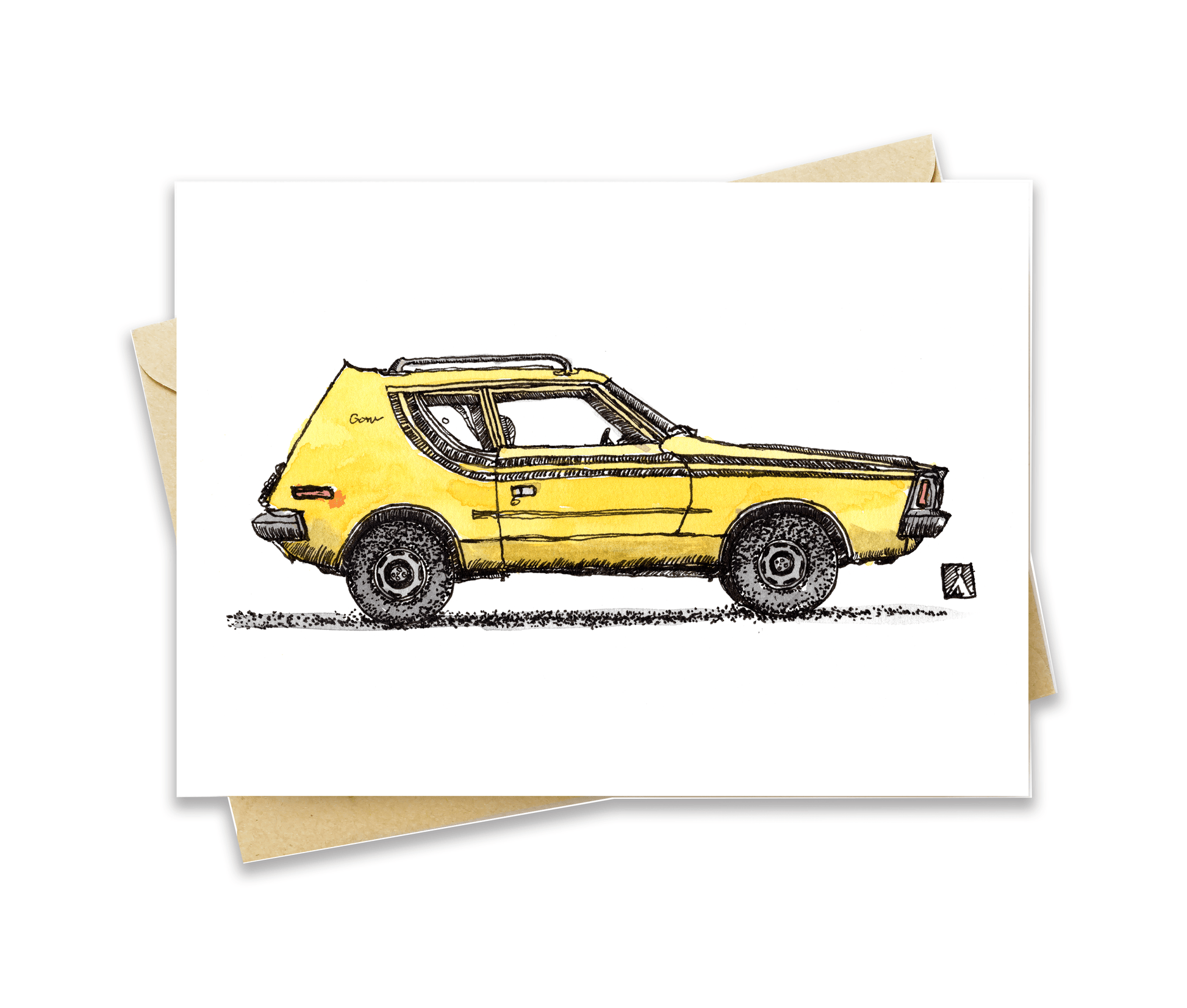 BellavanceInk: Greeting Card With A Pen & Ink Watercolor Drawing Of A Vintage AMC Gremlin 5 x 7 Inches - BellavanceInk
