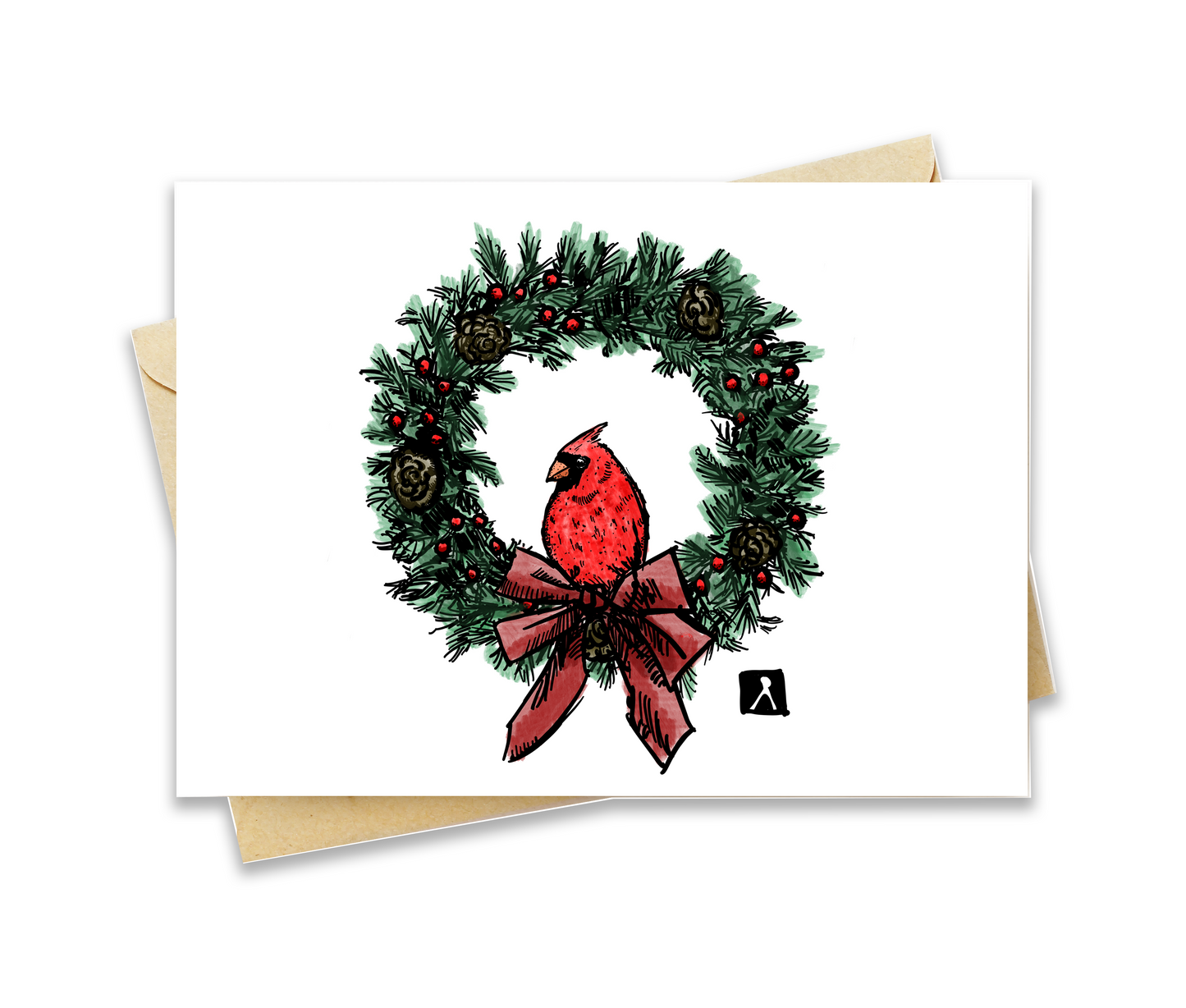 BellavanceInk: Christmas Card With Cardinal Resting In A Christmas Wreath Pen & Ink Watercolor Illustration 5 x 7 Inches