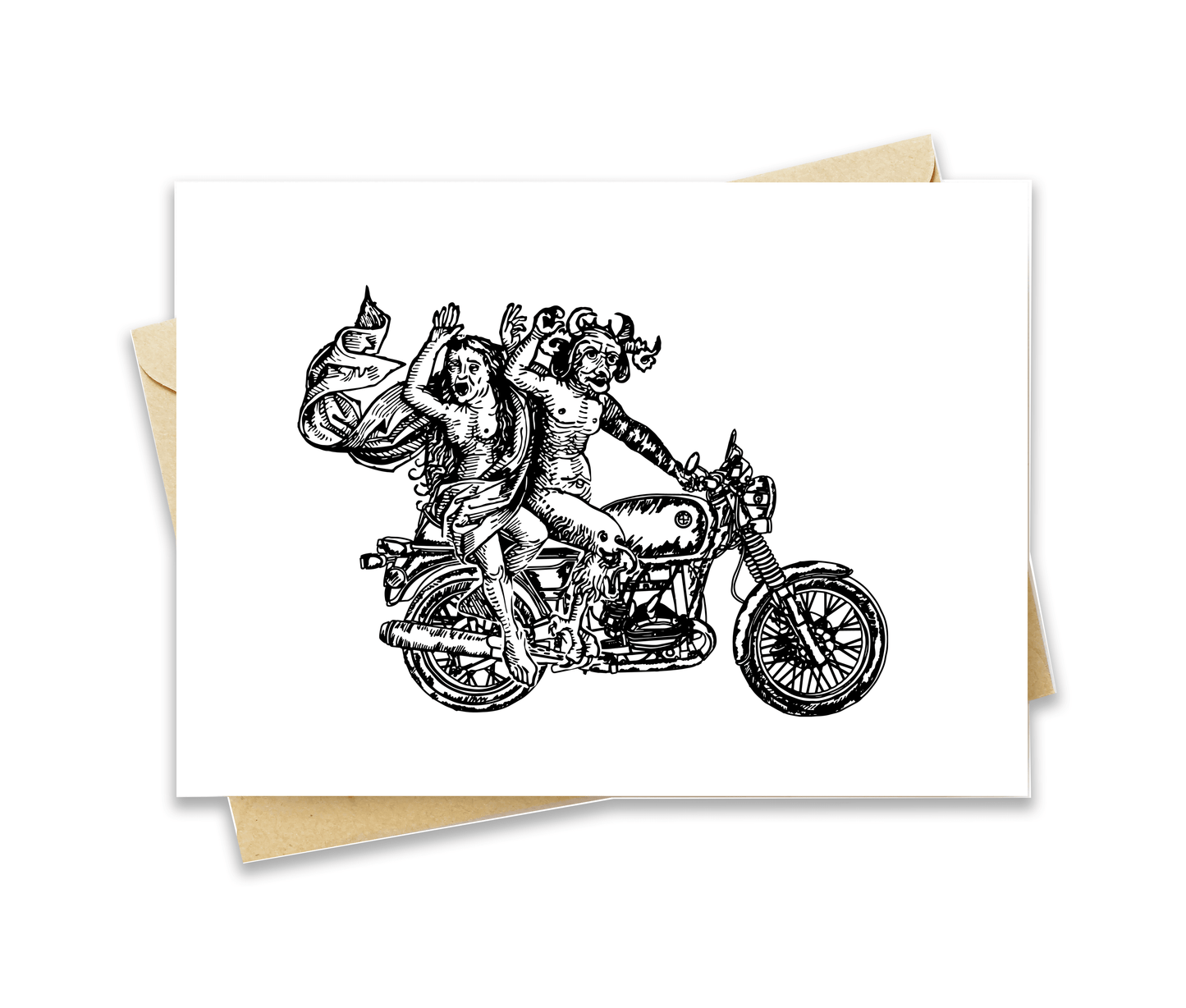 BellavanceInk: Greeting Card With A Pen & Ink Drawing Of Demon And Lady Riding Two-Up 5 x 7 Inches - BellavanceInk