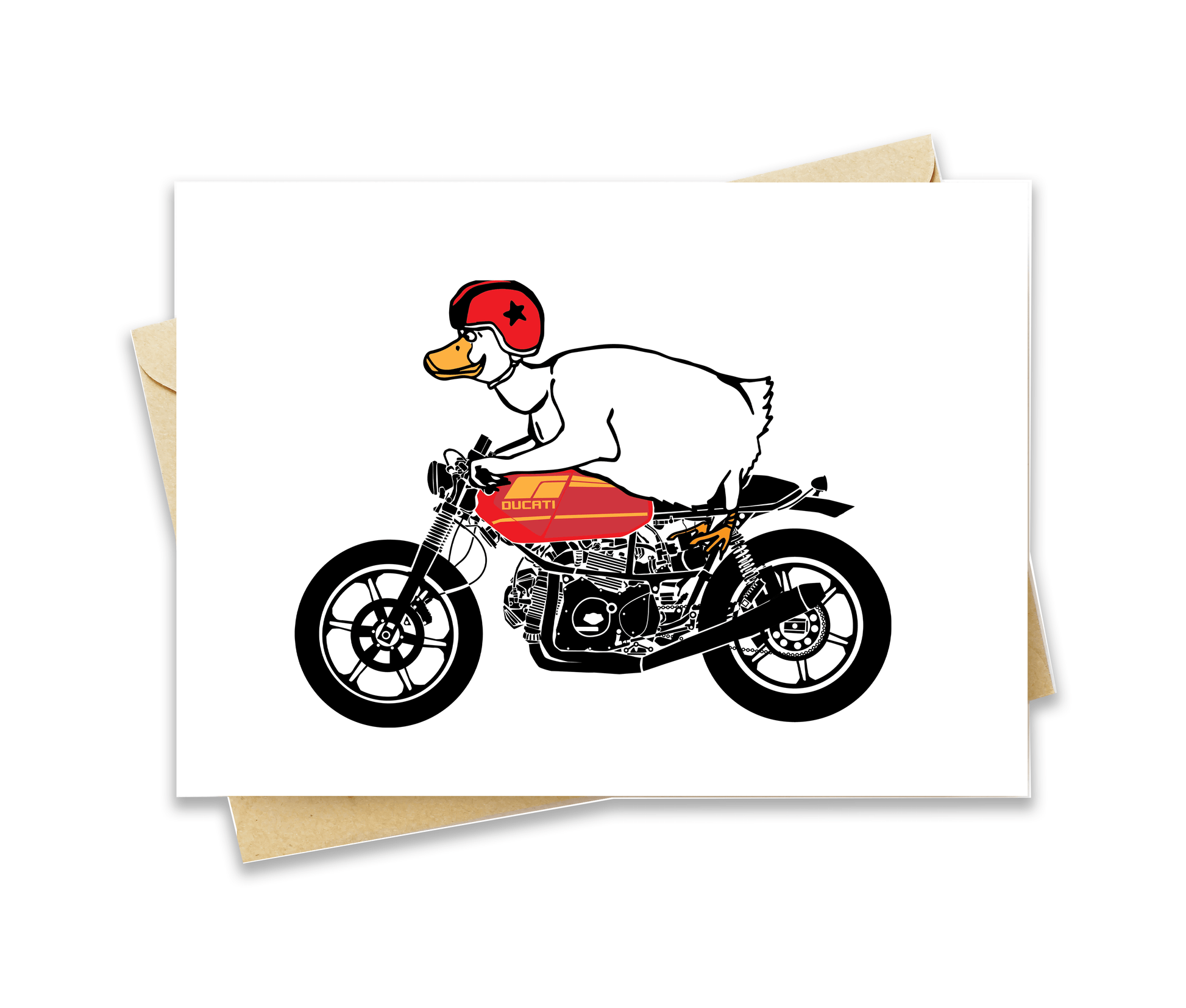 BellavanceInk: Greeting Card With A Duck On Their Ducati Cafe Racer Motorcycle 5 x 7 Inches - BellavanceInk