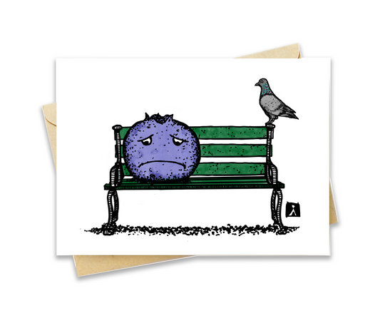 BellavanceInk: Get Well Card With Sad Blue Berry Sitting On A Park Bench With A Pigeon 5 x 7 Inches