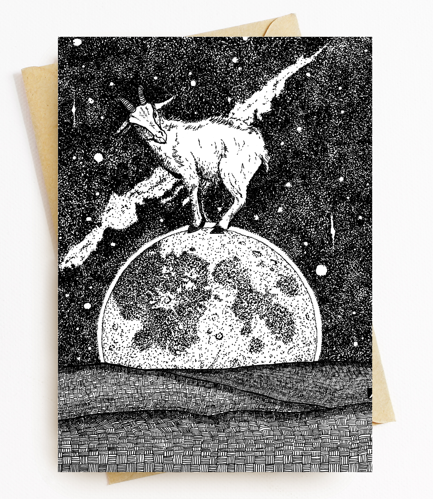 BellavanceInk: Greeting Card With A Pen & Ink Drawing Of A Goat Standing On The Moon 5 x 7 Inches