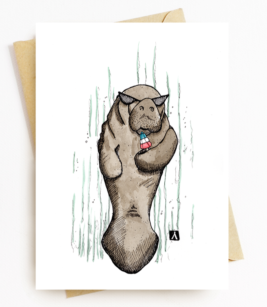 BellavanceInk: Greeting Card With A Pen & Ink Drawing Of A Manatee With A Rocket Pop 5 x 7 Inches