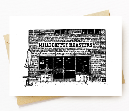 BellavanceInk: Greeting Card of the Charlottesville Area Coffee Shop Milli Coffee Roasters Pen And Ink Drawing