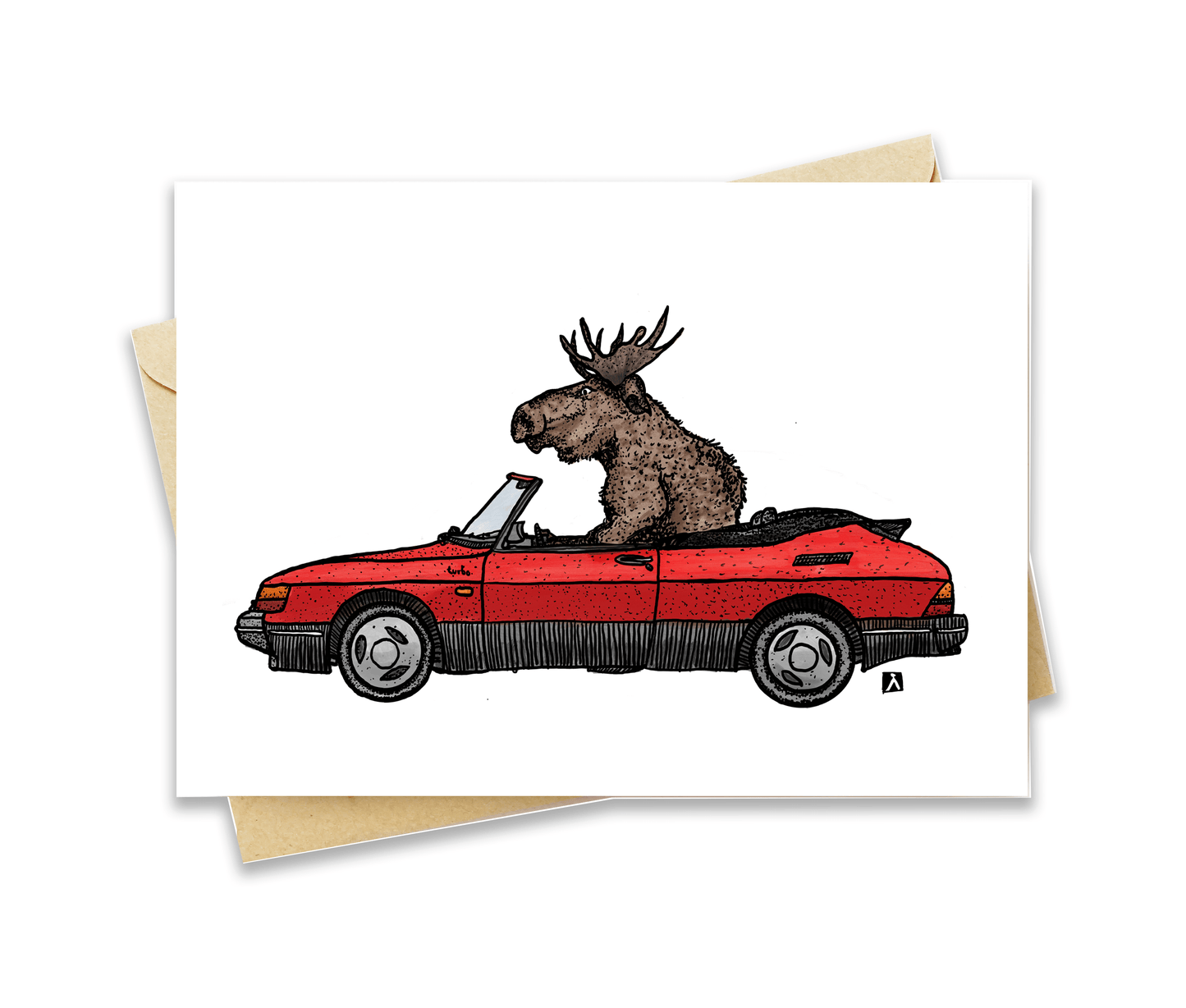 BellavanceInk: Greeting Card Pen & Ink/Watercolor Sketch of a Moose Driving A Vintage Swedish Saab 900S 5 x 7 Inches - BellavanceInk