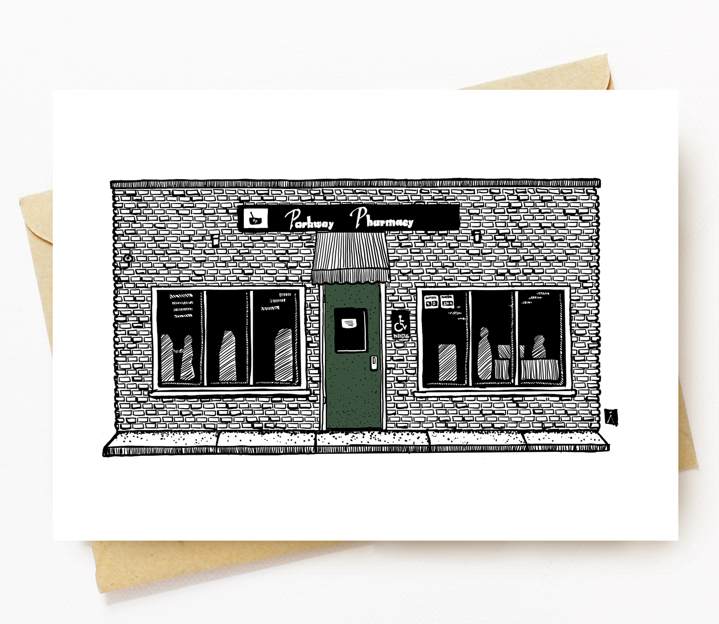 BellavanceInk: Greeting Card With A Pen & Ink Drawing Of Parkway Pharmacy In Crozet  5 x 7 Inches