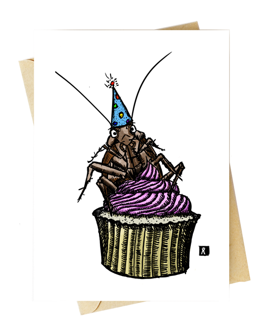 BellavanceInk: Birthday Card With A Cockroach On A Birthday Cupcake Illustration 5 x 7 Inches
