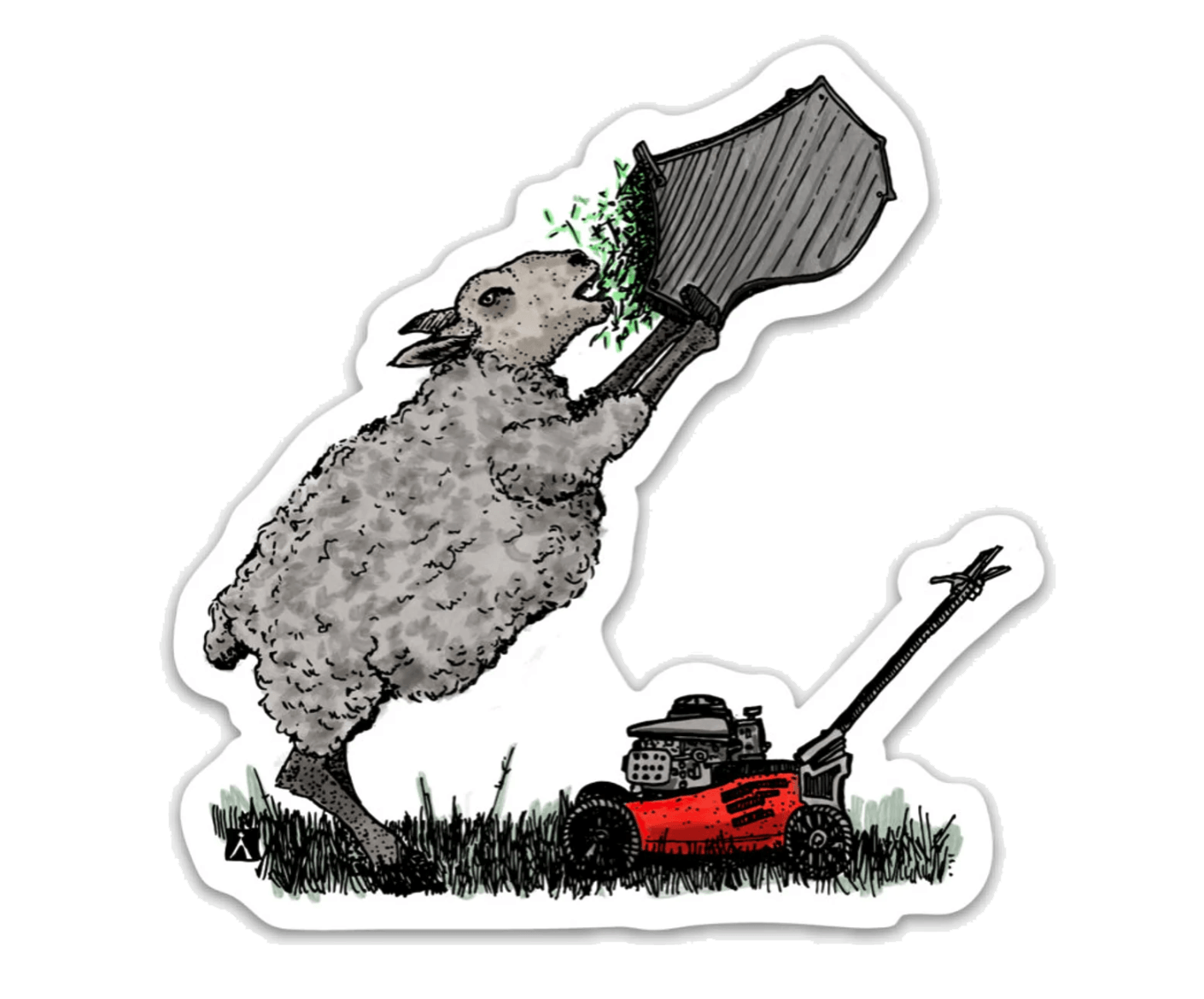 BellavanceInk: Pen & Ink Illustration of Sheep Devouring Grass From Their Lawn Mower Clippings Bag - BellavanceInk