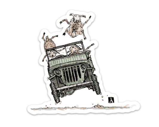 BellavanceInk: Sheeps Driving A Jeep Trucking On Down The Road Pen and Ink Illustration Vinyl Sticker - BellavanceInk