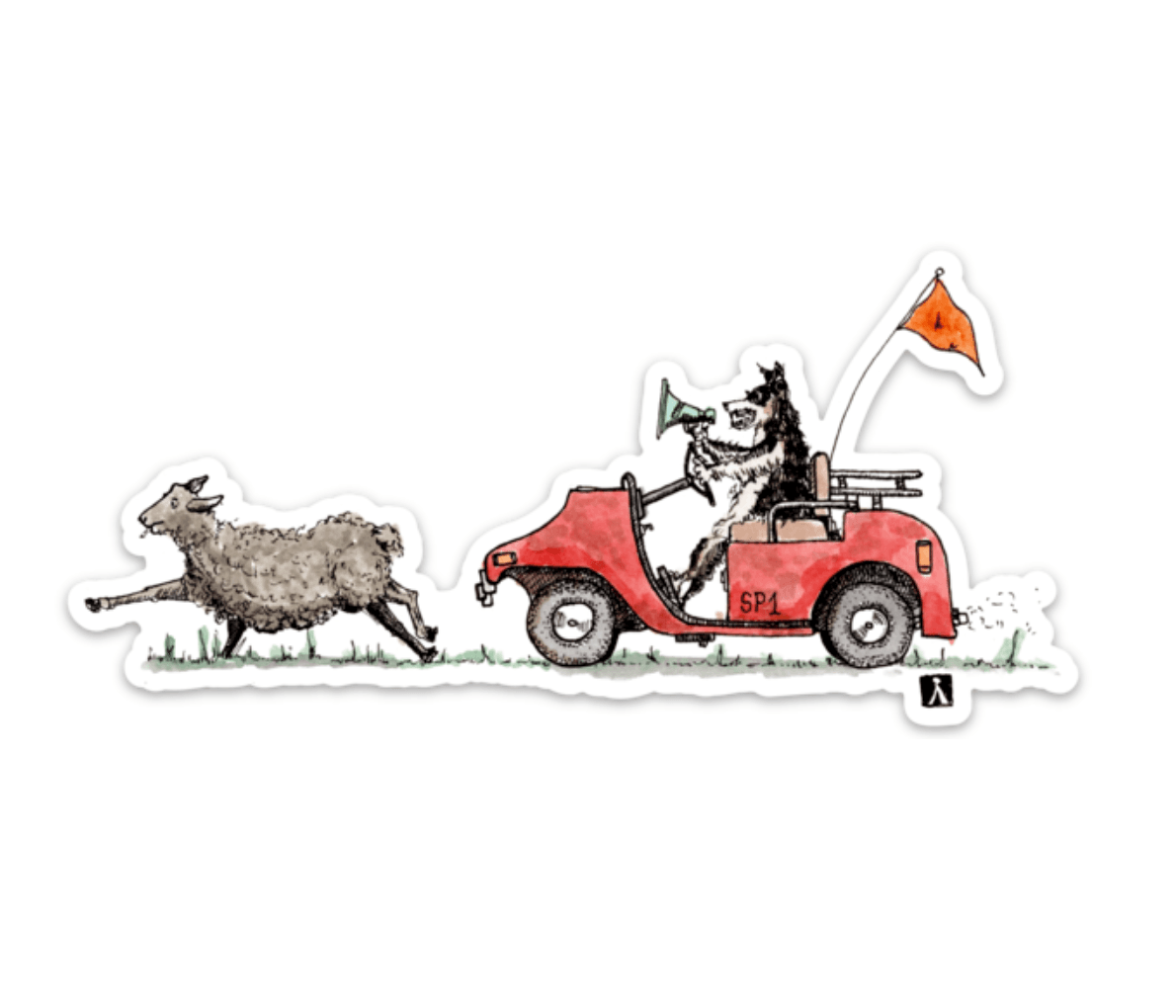 BellavanceInk: Sheep And Sheep Dog Driving A Golf Cart Excercising Pen and Ink Illustration Vinyl Sticker - BellavanceInk