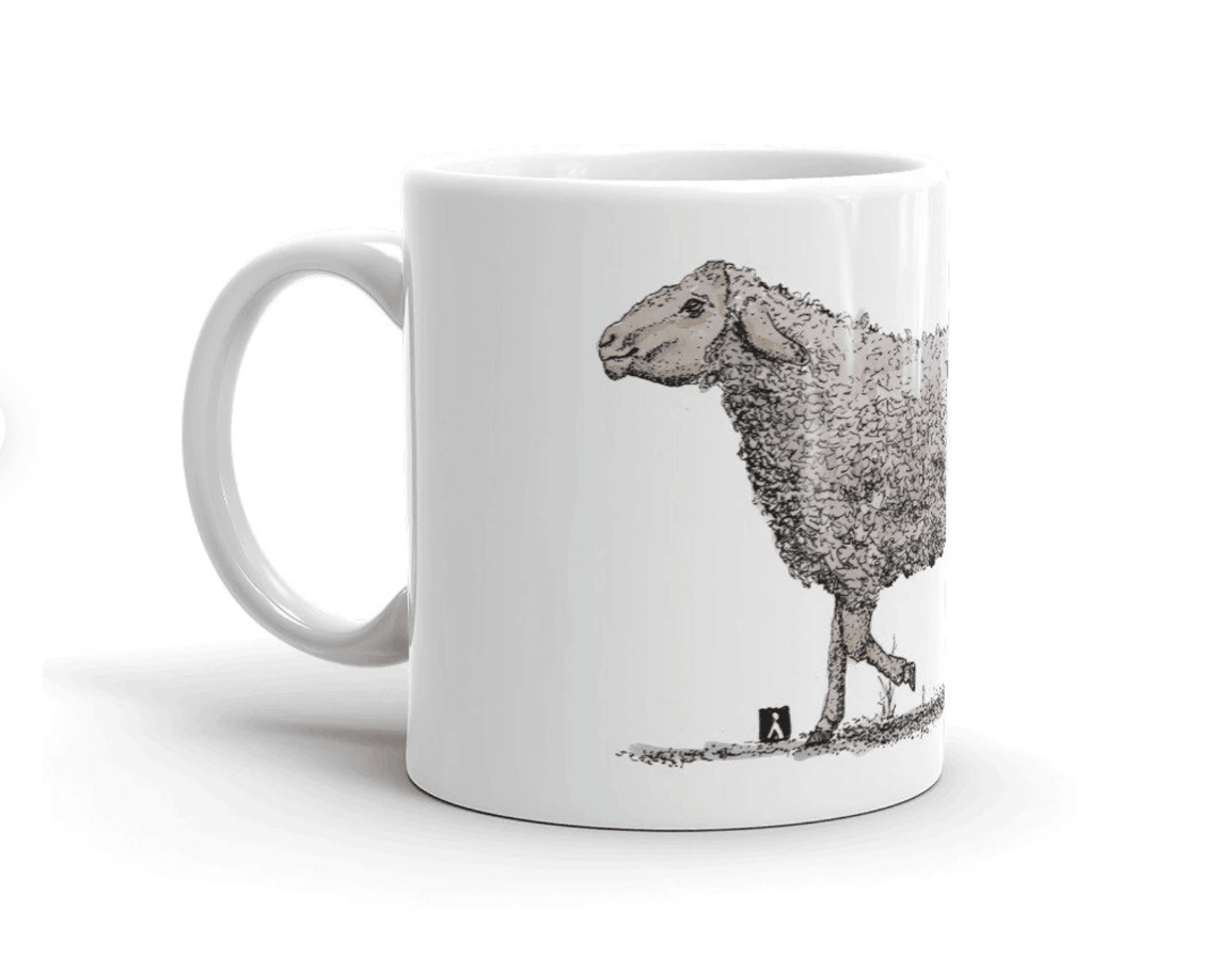 BellavanceInk: Coffee Mug With Sheep Walking Away While Losing Her Wool Pen & Ink Sketch - BellavanceInk