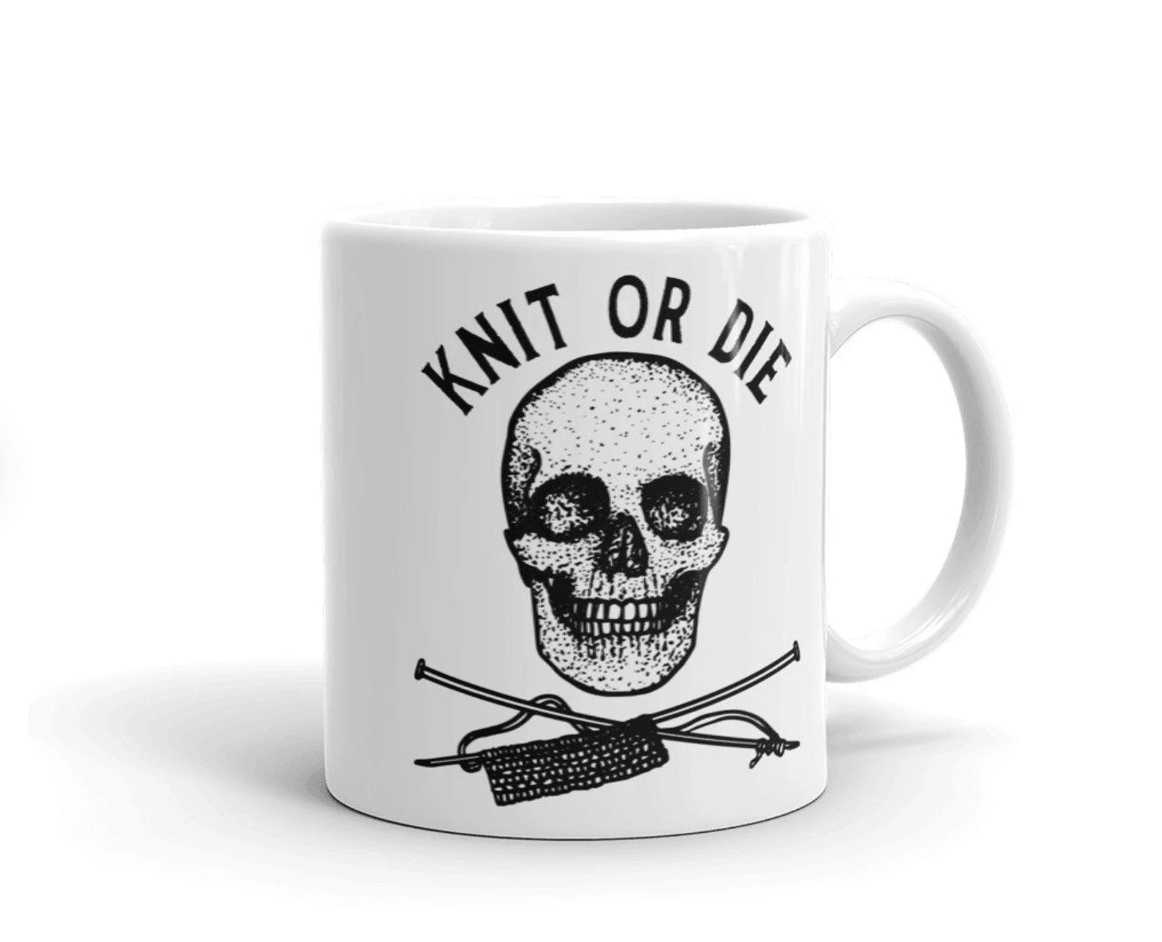 BellavanceInk: Coffee Mug With Pen & Ink Drawing Of A Skull And Needles Knit Or Die - BellavanceInk