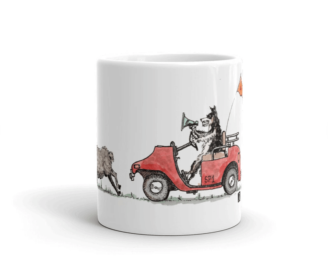 BellavanceInk: Coffee Mug With Sheep Running Away From Sheep Dog On A Golf Cart Pen & Ink Sketch - BellavanceInk