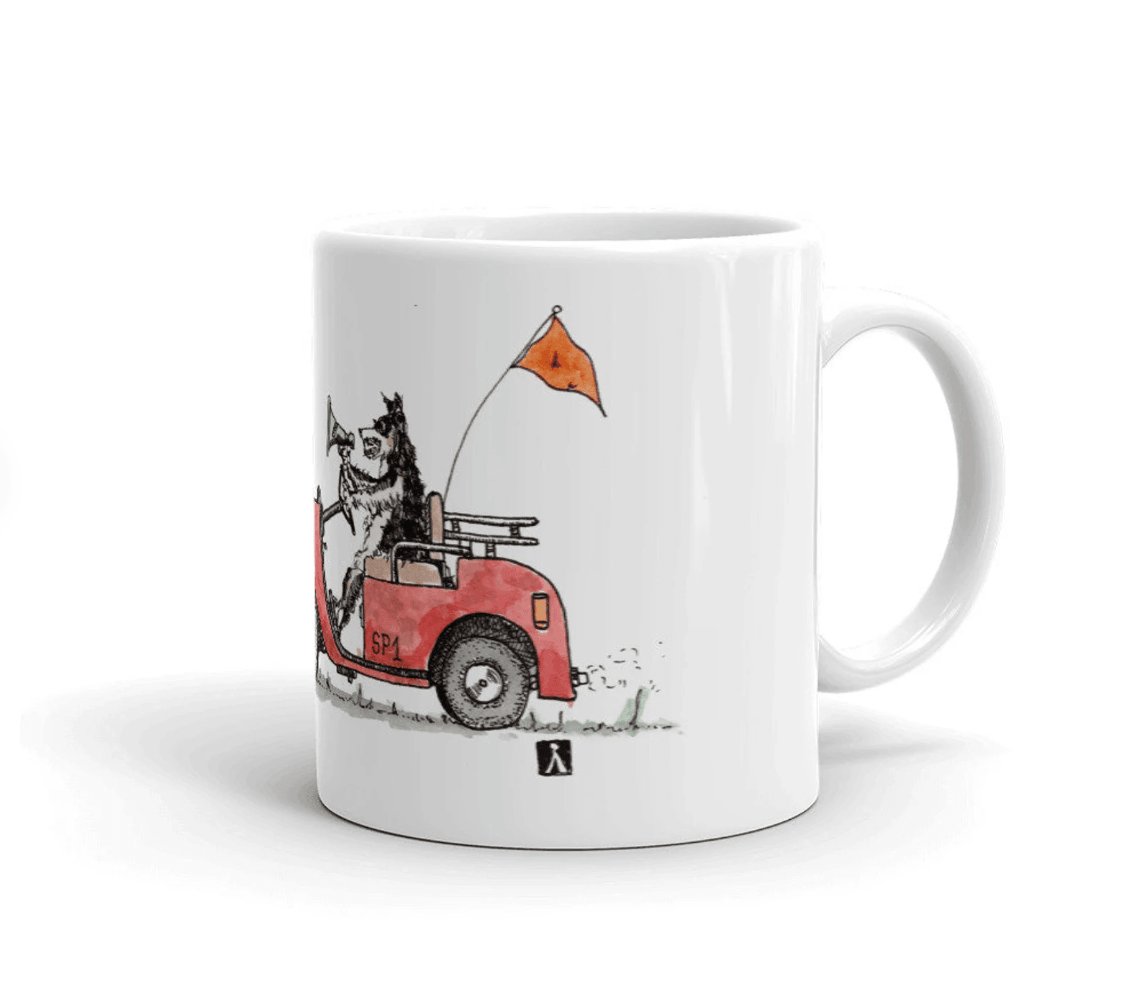 BellavanceInk: Coffee Mug With Sheep Running Away From Sheep Dog On A Golf Cart Pen & Ink Sketch - BellavanceInk