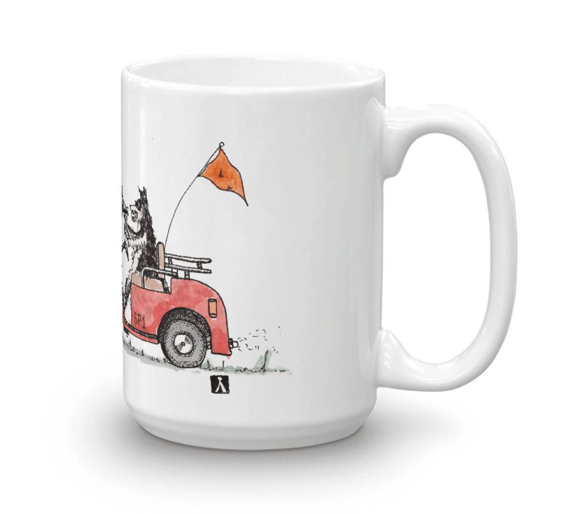 BellavanceInk: Coffee Mug With Sheep Running Away From Sheep Dog On A Golf Cart Pen & Ink Sketch - BellavanceInk