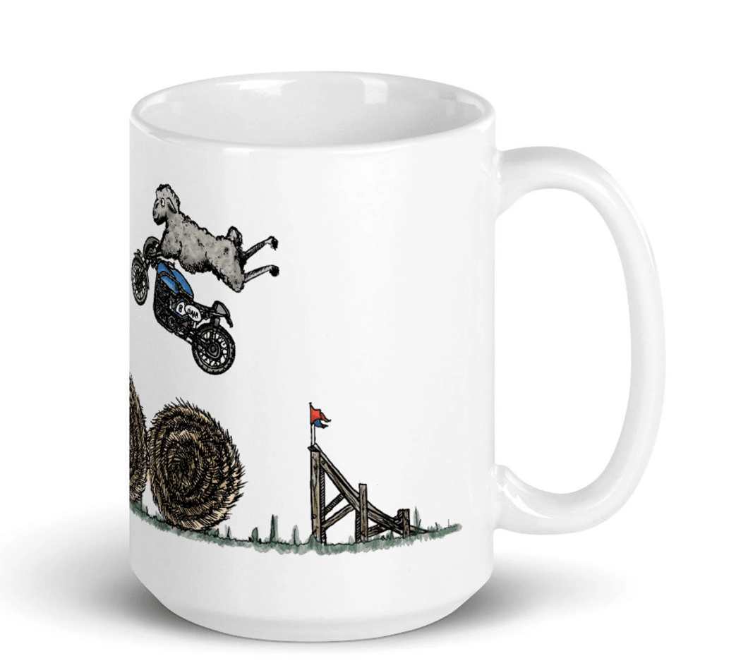 BellavanceInk: Pen & Ink/Watercolor With Stunt Sheep Jumping Hay Bales On Their Cafe Racer Motorcycle Coffee Mug - BellavanceInk