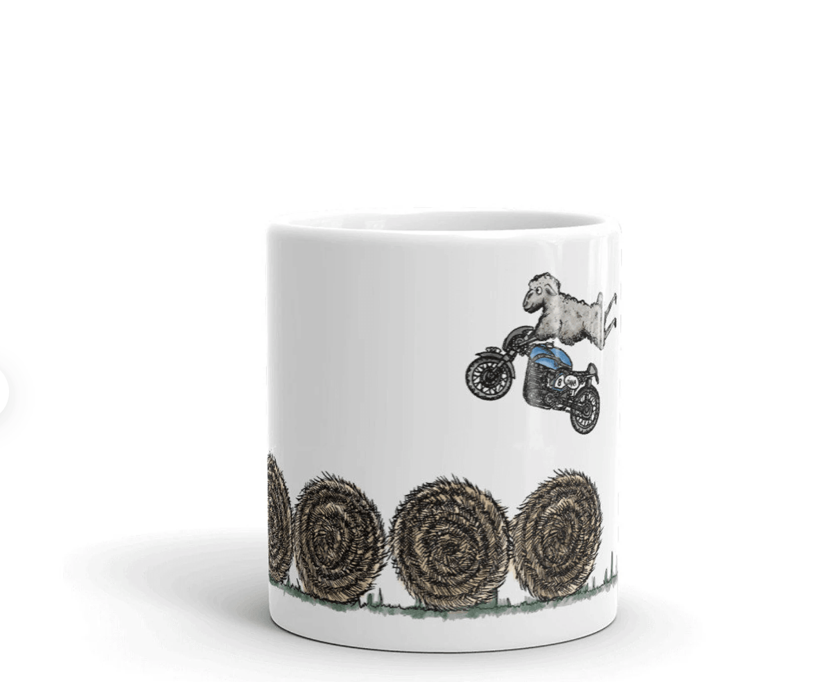 BellavanceInk: Pen & Ink/Watercolor With Stunt Sheep Jumping Hay Bales On Their Cafe Racer Motorcycle Coffee Mug - BellavanceInk