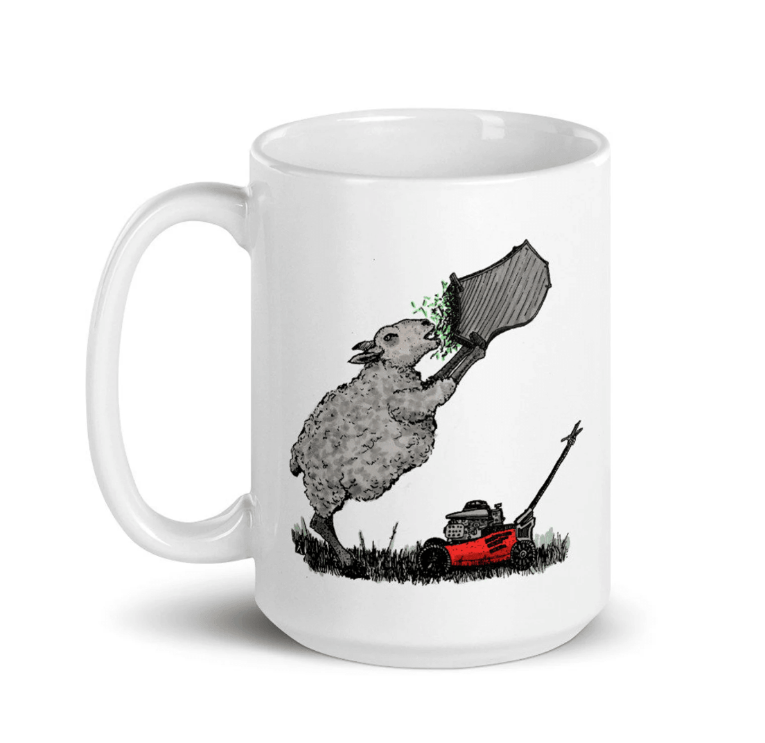 BellavanceInk: White Coffee Mug With Hungry Sheep Mowing The Lawn - BellavanceInk