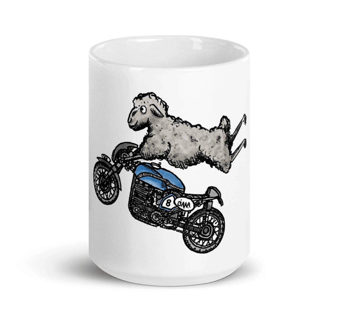 BellavanceInk: Pen & Ink/Watercolor Sheep On Their Cafe Racer Motorcycle Coffee Mug - BellavanceInk