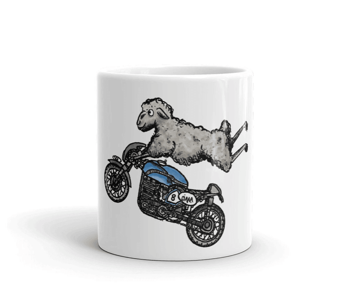 BellavanceInk: Pen & Ink/Watercolor Sheep On Their Cafe Racer Motorcycle Coffee Mug - BellavanceInk