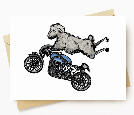BellavanceInk: Pen & Ink/Watercolor Sheep On Their Cafe Racer Motorcycle 5 x 7 Greeting Card - BellavanceInk