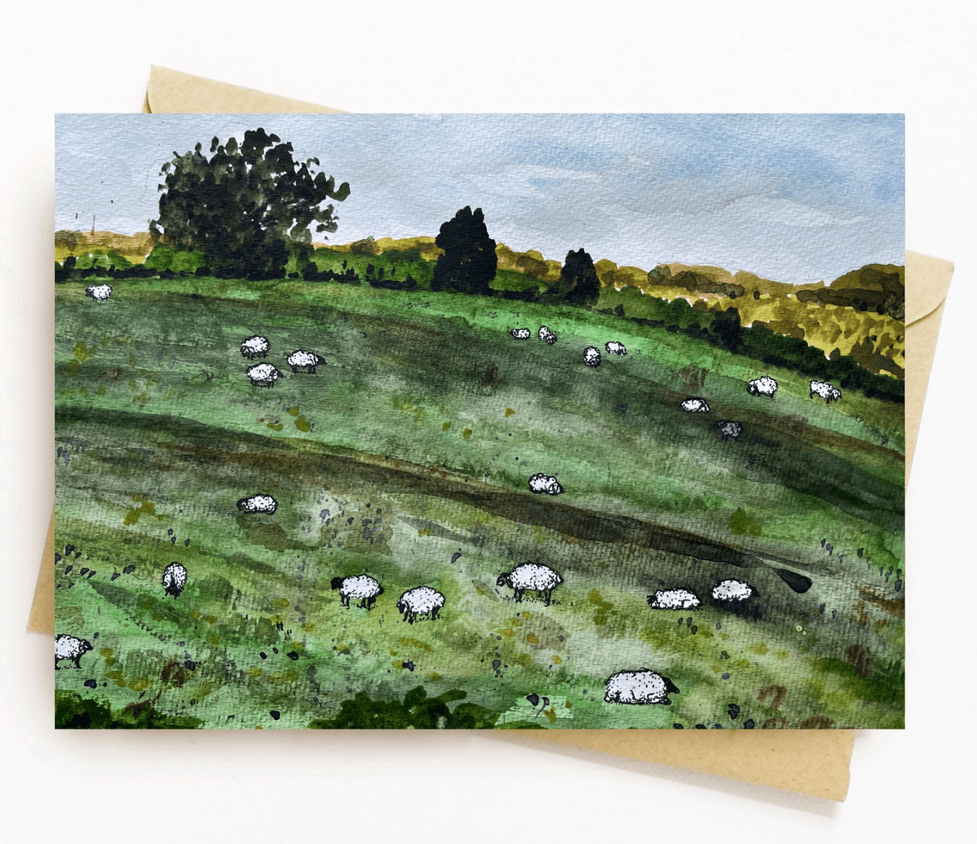 BellavanceInk: Greeting Card With Watercolor Of Sheep On A Hill 5 x 7 Inches - BellavanceInk
