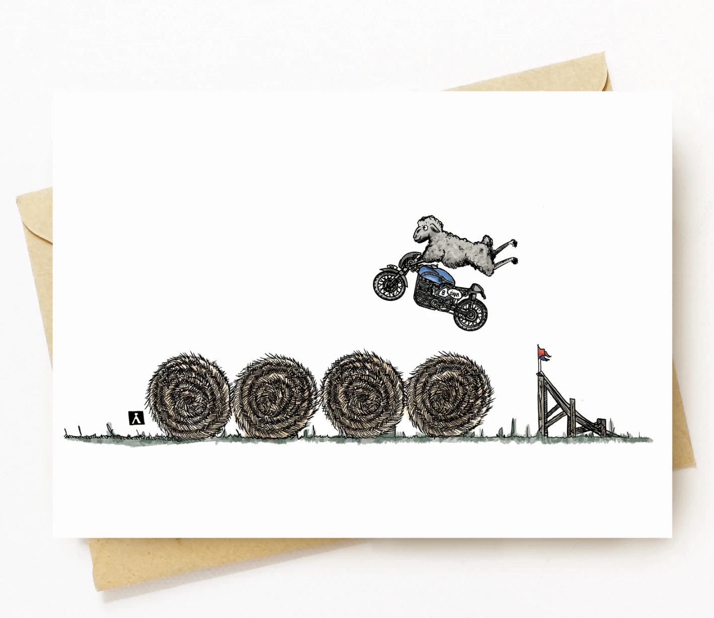 BellavanceInk: Pen & Ink/Watercolor With Stunt Sheep Jumping Hay Bales On Their Cafe Racer Motorcycle 5 x 7 Greeting Card - BellavanceInk
