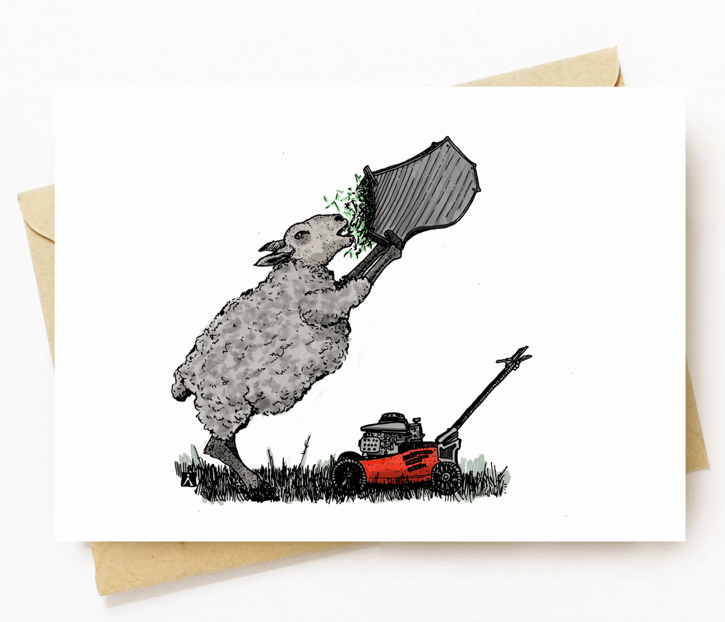 BellavanceInk: Greeting Card With A Pen & Ink Drawing With Watercolor of a Hungry Sheep Mowing The Lawn 5 x 7 Inches - BellavanceInk