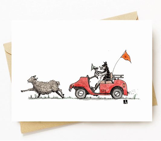 BellavanceInk: Greeting Card With Sheep Being Chased By Sheep Dog In A Golf Cart 5 x 7 Inches - BellavanceInk